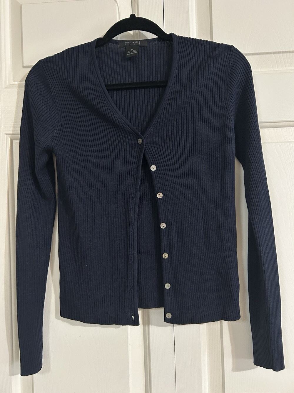 The Limited Navy 100% Silk Rib-Knit V-Neck Button-Up Cardigan Sweater M